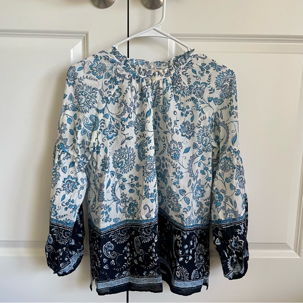 LOFT Long Sleeve Blouse Blue and White XXSP